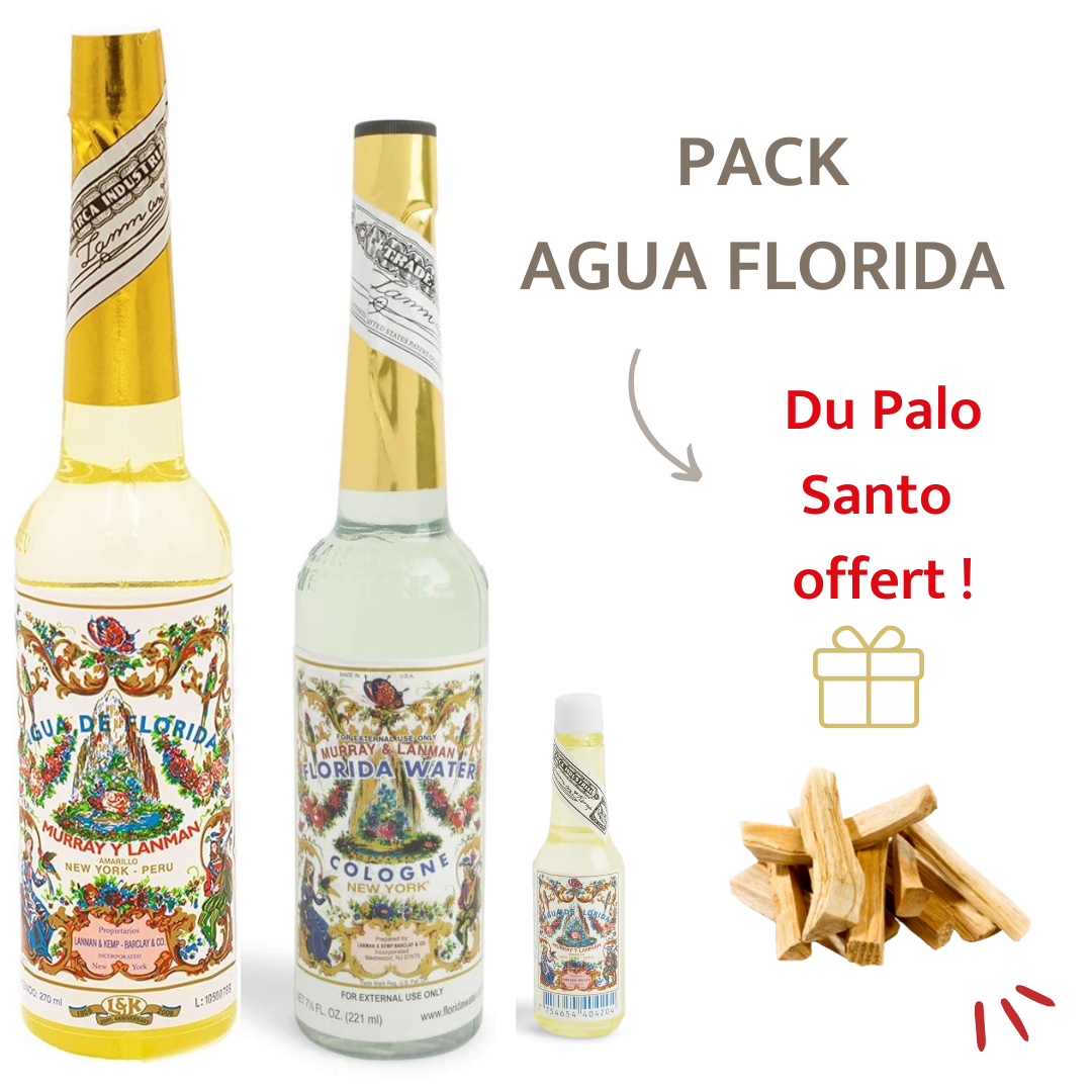 Agua Florida - PACK (1 grande bouteille Agua Florida Cologne + 1 grande bouteille Peru + 1 bouteille Agua Florida Peru 22ml + 🎁 du Palo Santo offert