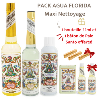 Précommande - Agua Florida - PACK MAXI NETTOYAGE (1 grande bouteille Eau de Cologne + 1 grande bouteille PERU + 1 bouteille PERU 22ml + 1 spray + 1 savon + 2 bâtons Palo Santo + 🎁 1 bouteille PERU 22ml +  1 bâton de Palo Santo)