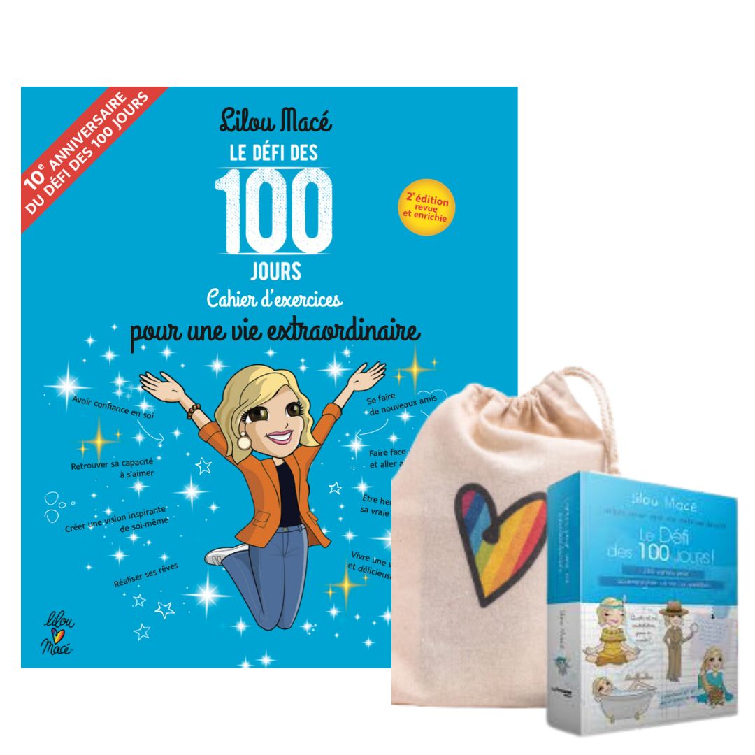 PACK Cahier d'exercices du Défi des 100 jours VIE EXTRAORDINAIRE V2 + 100 cartes d'INSPIRATION + POCHETTE CADEAU