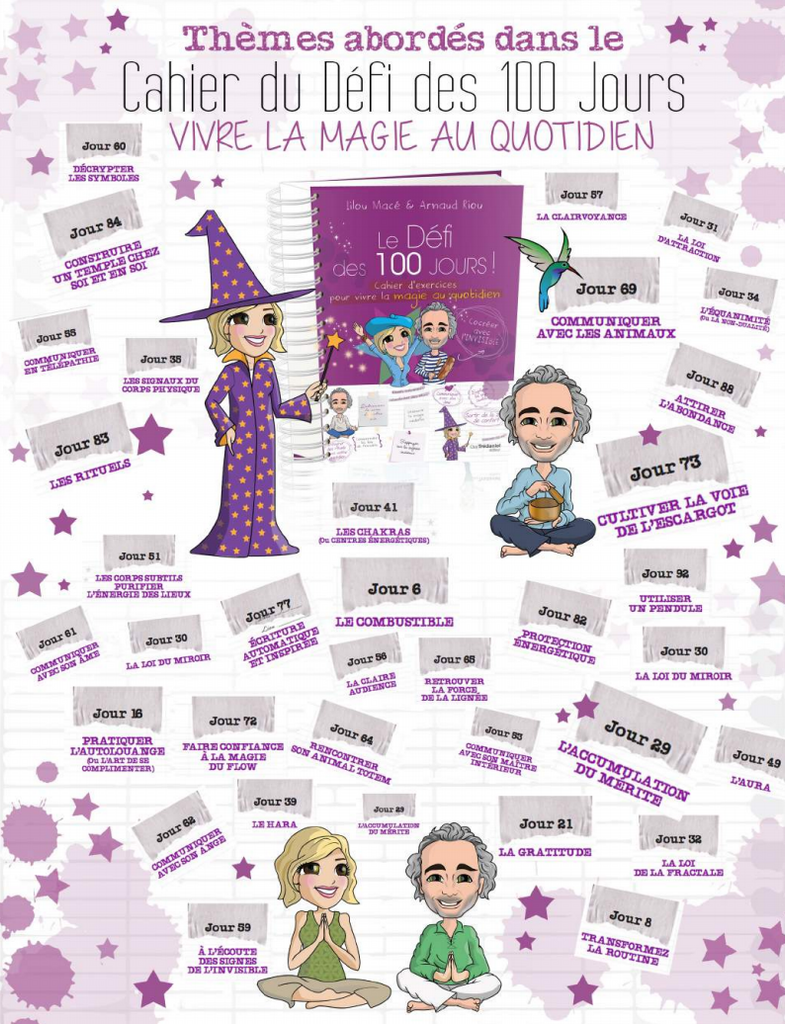 PACK Cahier d'exercices du Défi des 100 jours pour VIVRE LA MAGIE AU QUOTIDIEN + 100 cartes Magie + POCHETTE CADEAU