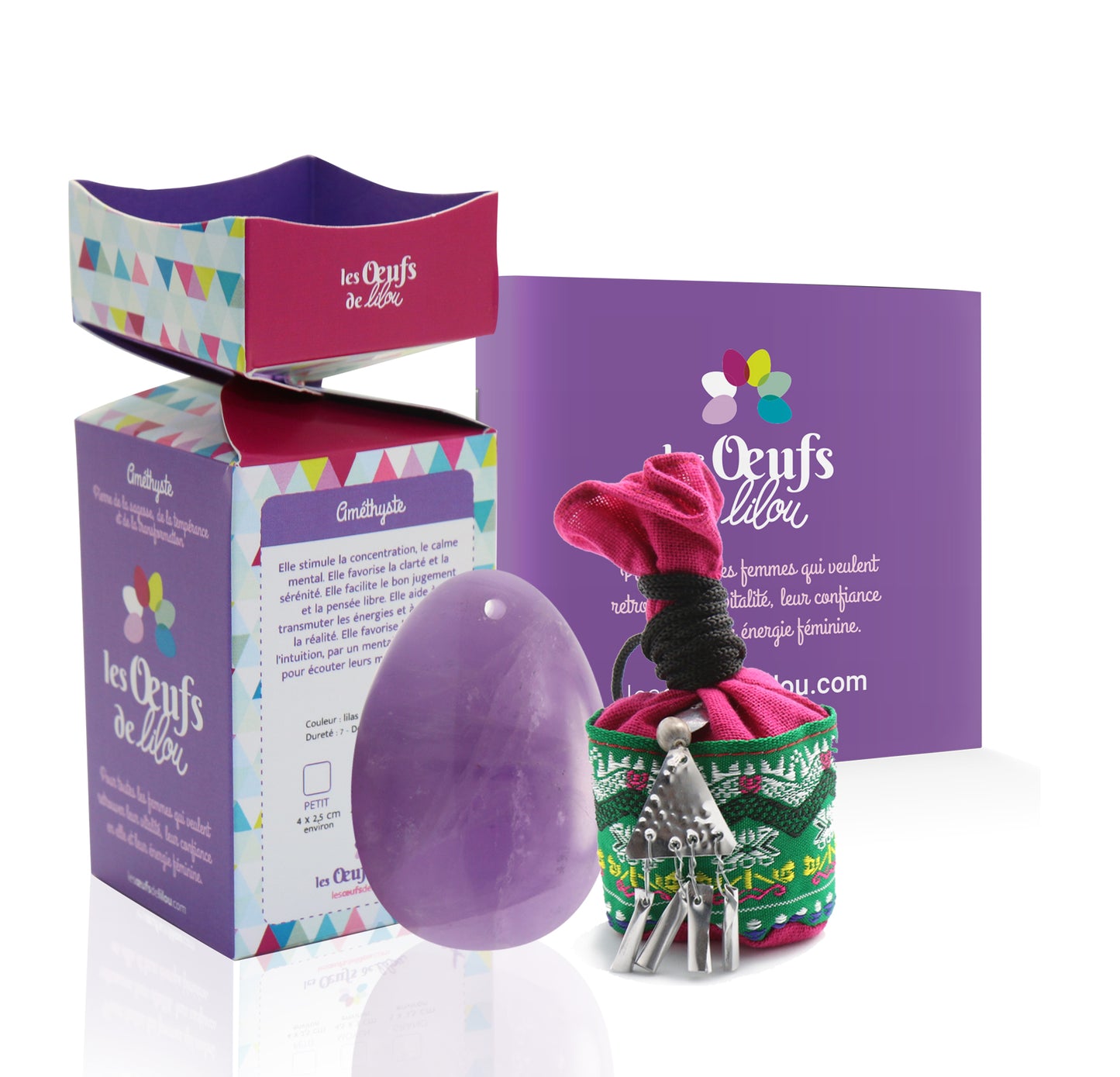 Kit complet Œuf de Yoni Améthyste MOYEN NON PERCÉ, pierre de la transformation, Les Oeufs de Lilou