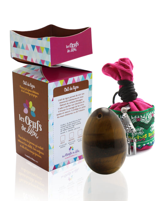 Kit complet Œuf de Yoni en Œil de Tigre Grande Taille Percé