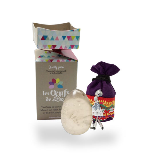 Kit complet Œuf de Yoni Quartz Fumé — GRAND NON PERCÉ — Pierre de l'enracinement et de la stabilité