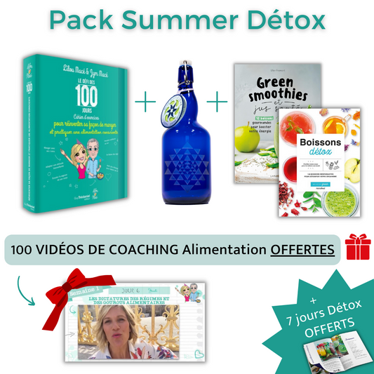 PACK SUMMER DÉTOX🍉 : Cahier Défi des 100 jours Alimentation consciente + 1 Livre Green Smoothies + 1 Livre Boissons Détox + 1 Blue Bottle SRI YANTRA + 100 VIDÉOS DE COACHING OFFERTES (Défi alimentation)🎁+ 7 jours Détox🎁