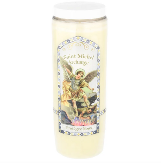 Bougie de neuvaine de PROTECTION Archange Saint Michel/Mickaël — cire végétale, prière incluse