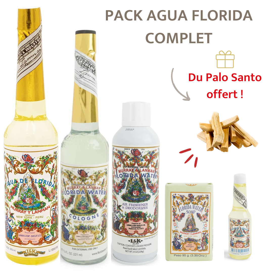 Agua Florida - PACK PÉRU (1 grande bouteille PERU + 1 bouteille PERU 22ml + 1 spray + 1 savon + 🎁2 bâtons Palo Santo offerts)