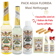 PRÉ-COMMANDE : Agua Florida - PACK MAXI NETTOYAGE (1 grande bouteille Eau de Cologne + 1 grande bouteille PERU + 1 bouteille PERU 22ml + 1 spray + 1 savon + 2 bâtons Palo Santo + 🎁 1 bouteille PERU 22ml +  1 bâton de Palo Santo)