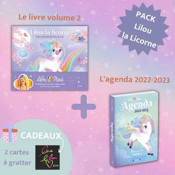 PACK Lilou la licorne : Le livre volume 2 + l'agenda scolaire + 2 cartes magiques OFFERTES