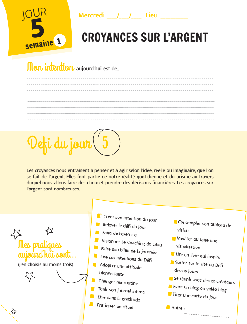 Cahier d'exercices du Défi des 100 jours pour Libérer sa relation à l'argent  + Carnet de notes + 100 cartes ABONDANCE