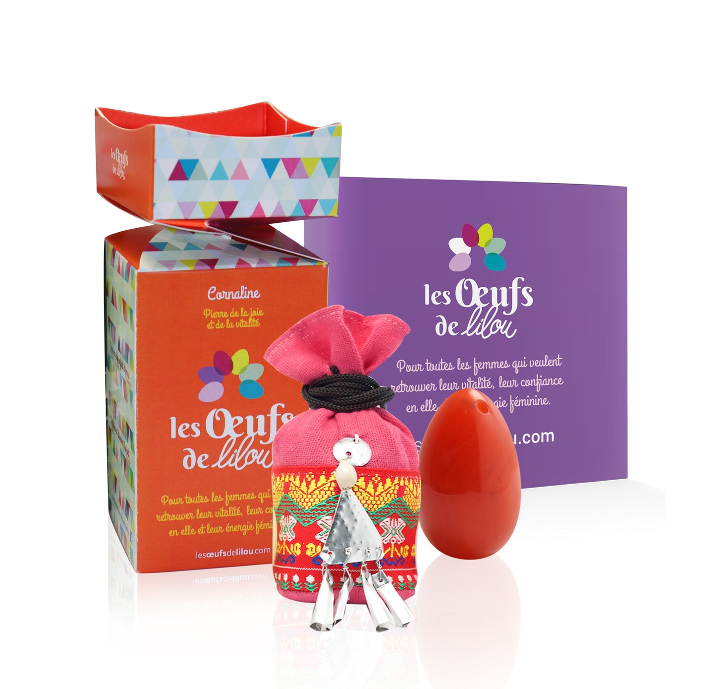 Kit complet Oeuf de Yoni Cornaline PETIT NON PERCÉ, pierre de la femme et de la joie, Les Oeufs de Lilou