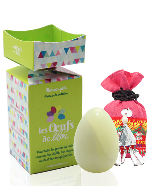 Kit complet Œuf de Yoni Nouveau jade GRAND PERCÉ, pierre de protection et apaisante