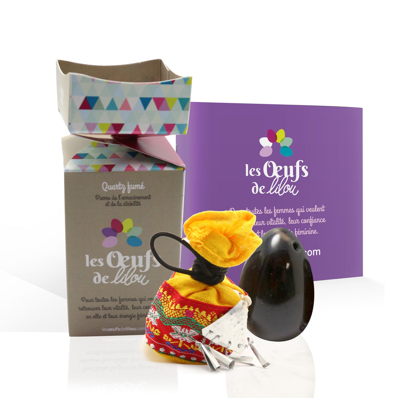 Kit complet Œuf de Yoni Quartz Fumé — MOYEN PERCÉ — Pierre de l'enracinement et de la stabilité