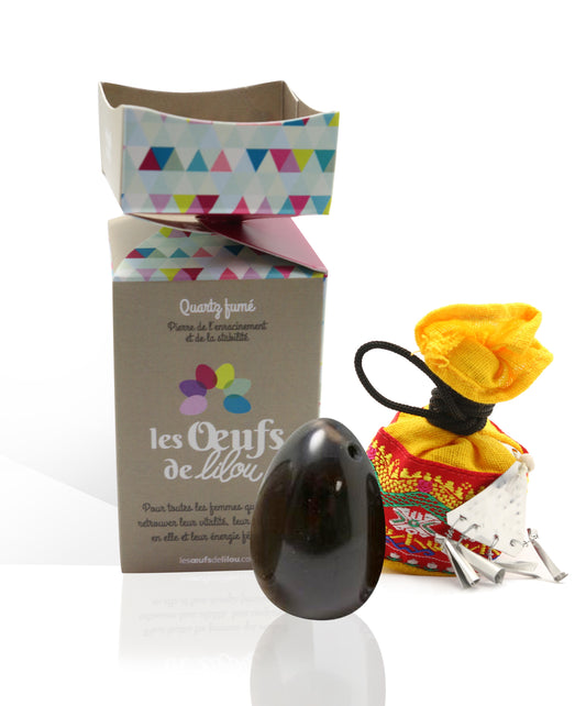 Kit complet Œuf de Yoni Quartz Fumé — MOYEN PERCÉ — Pierre de l'enracinement et de la stabilité