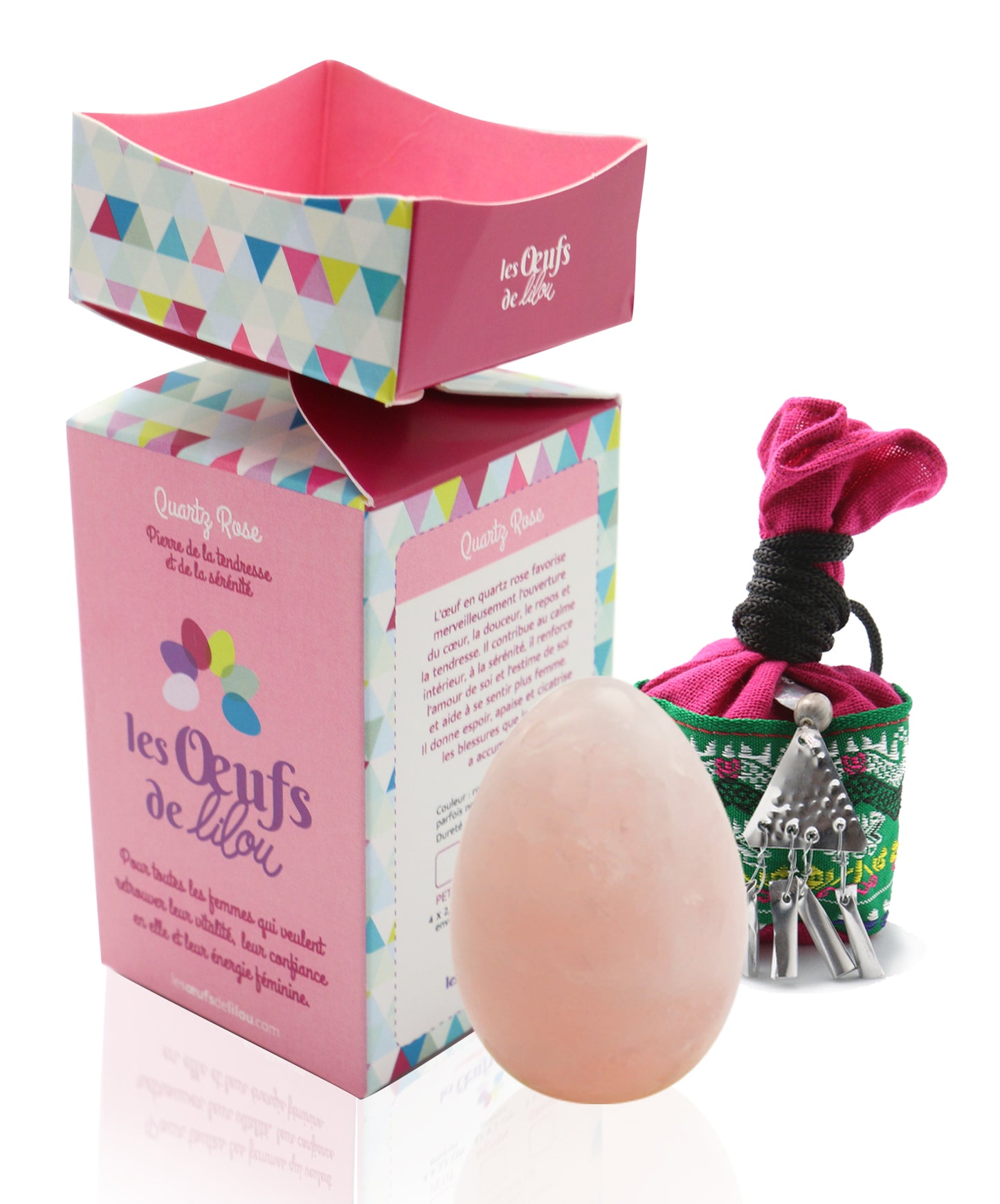 Kit complet Œuf de Yoni Quartz Rose GRAND PERCÉ, douceur et amour de soi
